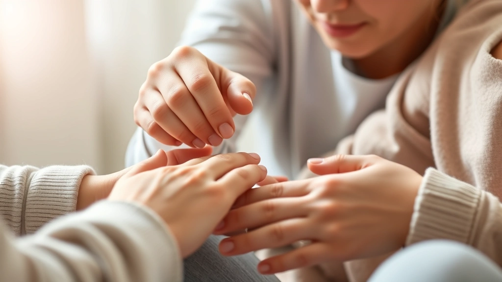 Close-up of hands-on occupational therapy session, therapist's hands guiding client through therapeutic activity, soft natural light, peaceful concentration, tactile therapeutic interaction