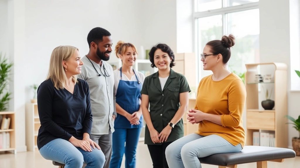 Diverse occupational therapy team collaborating in bright modern clinic space, professionals demonstrating attentive listening and presence during client consultation, supportive therapeutic environment