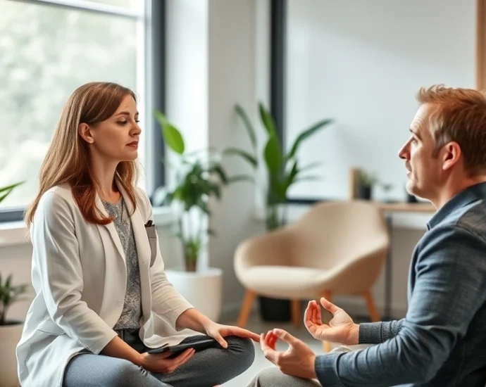 Professional speech therapist working with adult client in modern clinical office, both engaged in mindful breathing exercise, soft natural lighting through windows, calm therapeutic environment with plants and comfortable seating