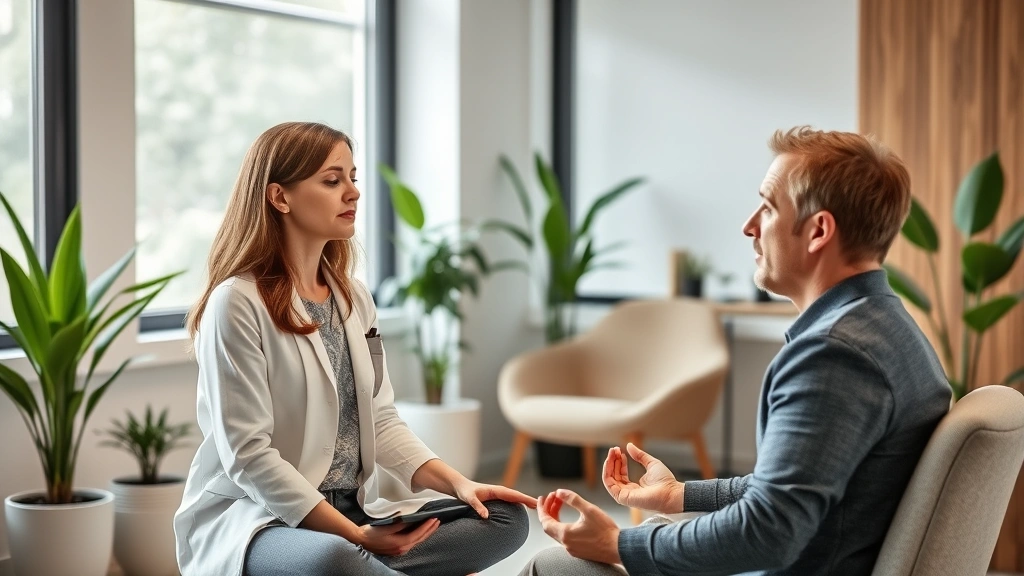 Professional speech therapist working with adult client in modern clinical office, both engaged in mindful breathing exercise, soft natural lighting through windows, calm therapeutic environment with plants and comfortable seating