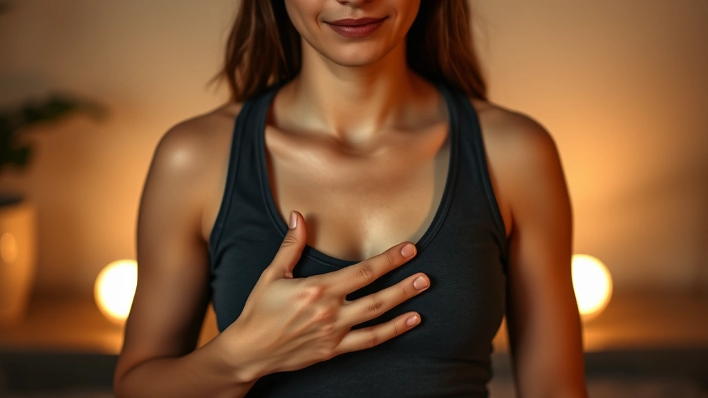 Close-up of person practicing diaphragmatic breathing with hand on stomach, peaceful facial expression, sitting in meditation posture, warm ambient lighting highlighting relaxed shoulders and open chest