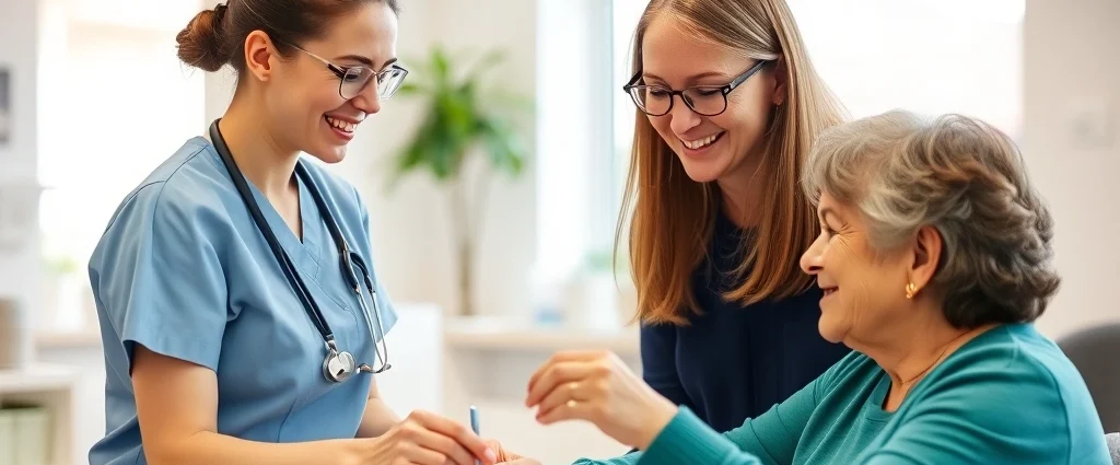 A compassionate occupational therapy assistant working with an adult client in a bright, welcoming clinic setting, both engaged in a meaningful creative or therapeutic activity together, professional healthcare environment