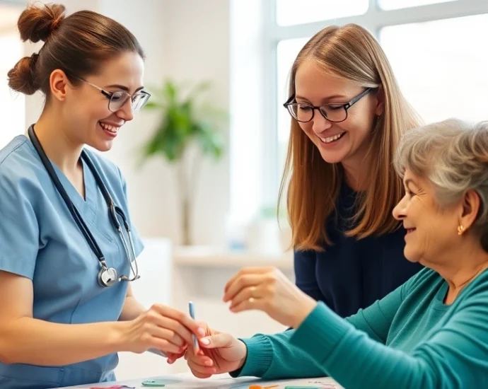 A compassionate occupational therapy assistant working with an adult client in a bright, welcoming clinic setting, both engaged in a meaningful creative or therapeutic activity together, professional healthcare environment