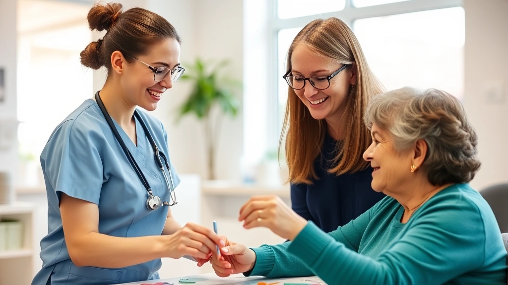 A compassionate occupational therapy assistant working with an adult client in a bright, welcoming clinic setting, both engaged in a meaningful creative or therapeutic activity together, professional healthcare environment