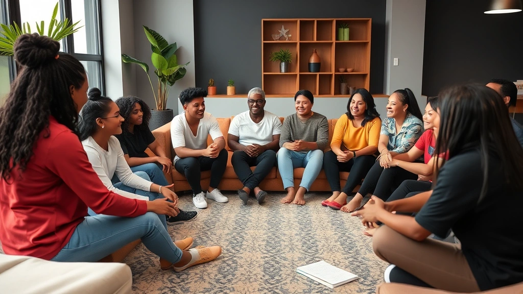 Diverse group of Oklahoma residents participating in a community mental health support session facilitated by an OTA in a modern therapeutic space, demonstrating social connection and wellness engagement