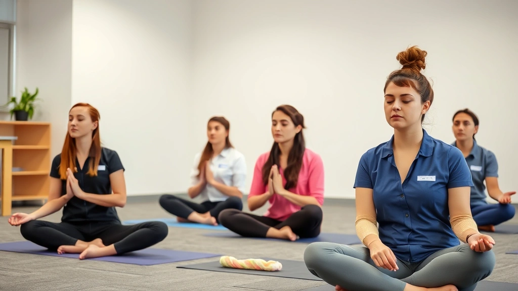 Occupational therapy assistant students in a classroom setting practicing meditation or mindfulness techniques together, sitting peacefully with professional attire