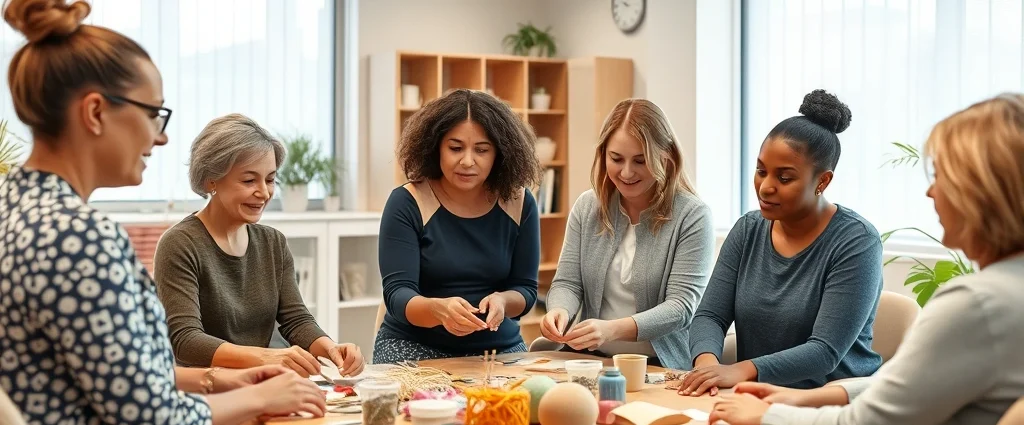 Professional occupational therapist facilitating group activity session with diverse clients engaged in creative craft project in modern therapeutic clinic setting with natural lighting and calming aesthetics