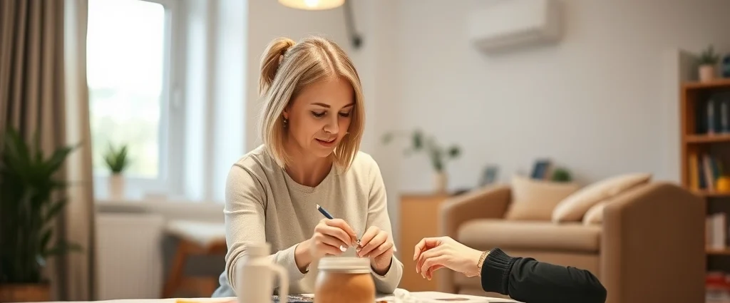Professional occupational therapist working with client in bright, modern therapy clinic setting, client engaged in meaningful craft activity, warm lighting, therapeutic environment visible, both individuals focused and calm