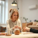 Professional occupational therapist working with client in bright, modern therapy clinic setting, client engaged in meaningful craft activity, warm lighting, therapeutic environment visible, both individuals focused and calm