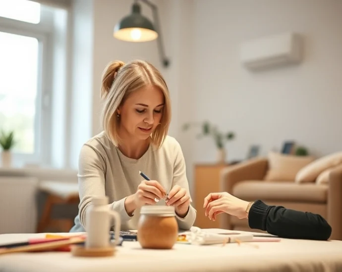 Professional occupational therapist working with client in bright, modern therapy clinic setting, client engaged in meaningful craft activity, warm lighting, therapeutic environment visible, both individuals focused and calm