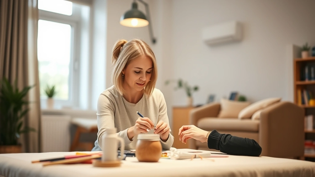 Professional occupational therapist working with client in bright, modern therapy clinic setting, client engaged in meaningful craft activity, warm lighting, therapeutic environment visible, both individuals focused and calm