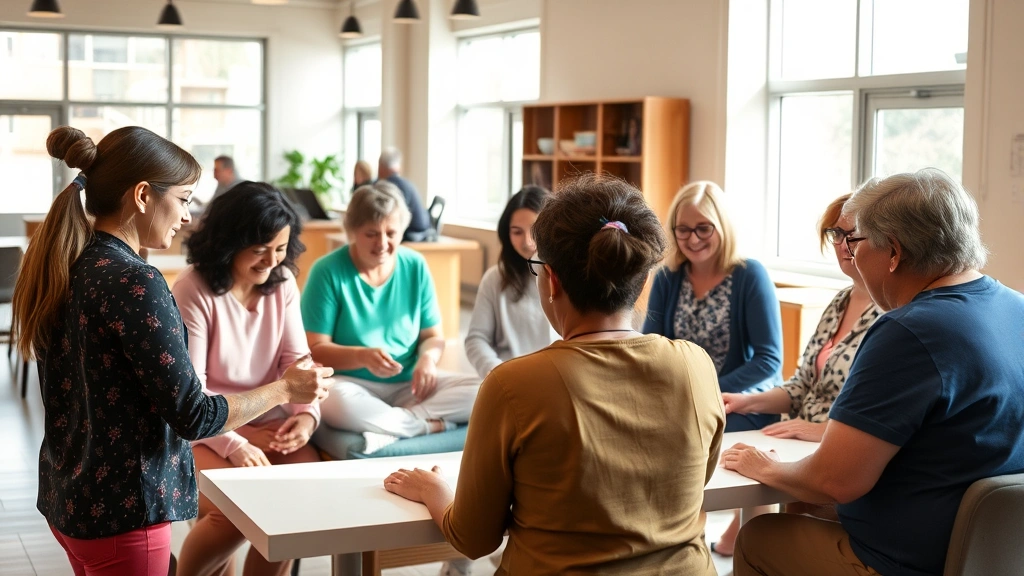 Diverse group of people participating in structured community occupational therapy activity session, collaborative engagement, warm natural lighting, modern community center interior, visible sense of purpose and connection