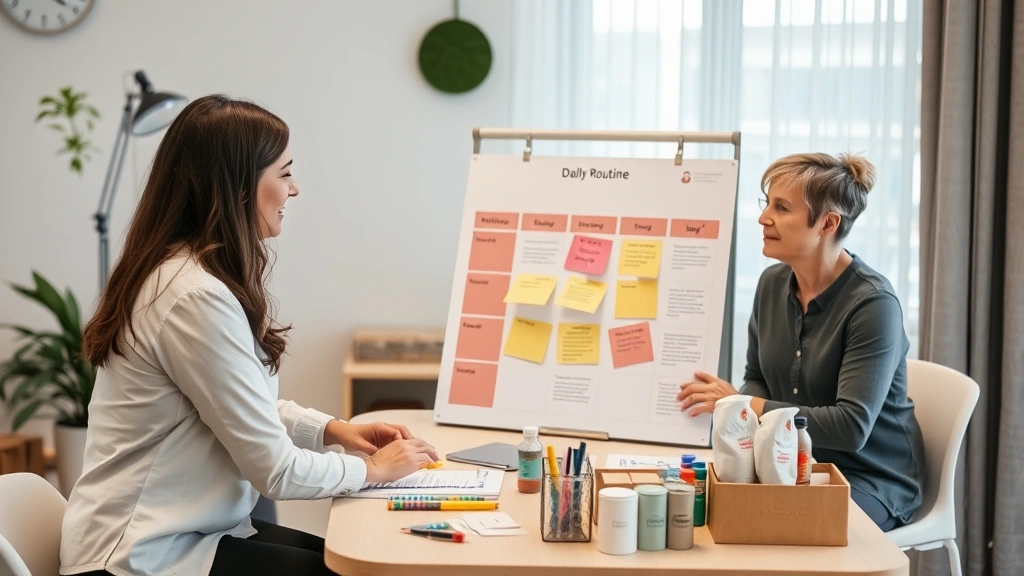 Occupational therapist conducting one-on-one mental health session, client organizing daily routine planning board, therapeutic materials and activity supplies visible on table, supportive professional interaction, modern clinical setting