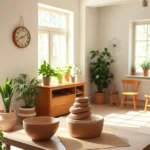 A serene occupational therapy studio with natural light streaming through large windows, showing a person engaged in pottery making with hands in clay, surrounded by plants and warm wooden furniture, peaceful and therapeutic atmosphere