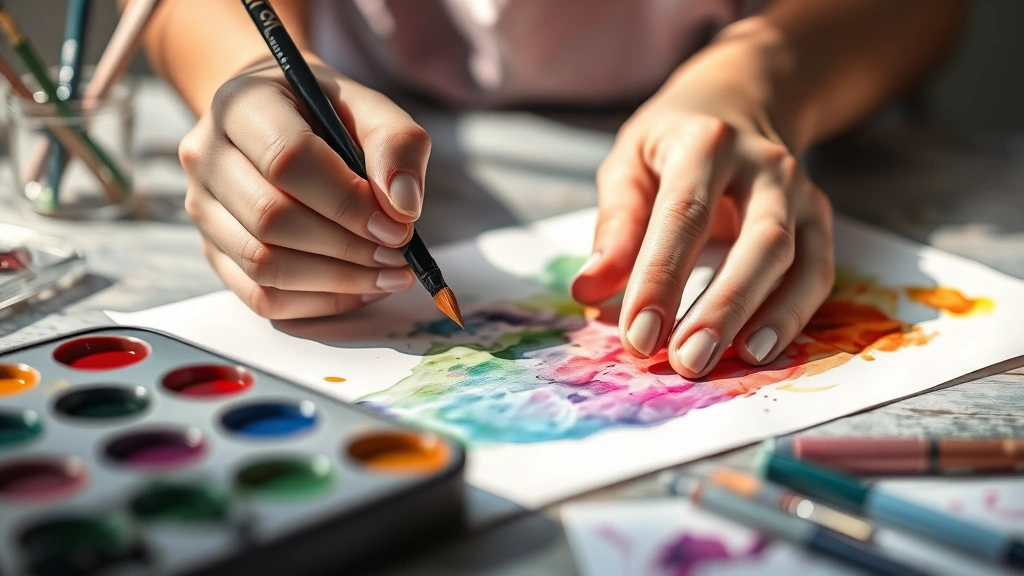 Close-up of hands performing a mindful art activity with watercolor paints and brushes on paper, vibrant colors blending, soft natural light illuminating the creative process and materials
