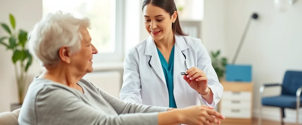Professional occupational therapist wearing white coat working with elderly client using therapeutic exercises in bright modern rehabilitation clinic with natural lighting