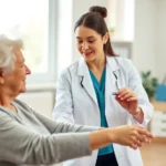Professional occupational therapist wearing white coat working with elderly client using therapeutic exercises in bright modern rehabilitation clinic with natural lighting