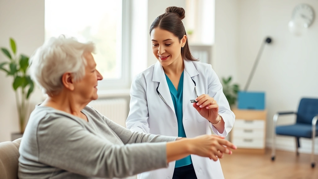 Professional occupational therapist wearing white coat working with elderly client using therapeutic exercises in bright modern rehabilitation clinic with natural lighting