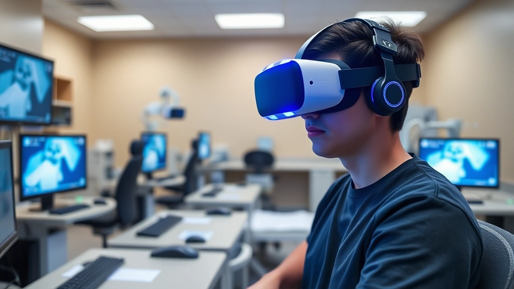 Student using virtual reality headset for clinical simulation training in university laboratory with computer workstations and medical equipment