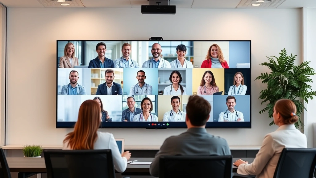 Diverse group of healthcare professionals in video conference meeting on large screen displaying multiple participants in modern office environment