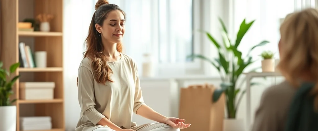 Occupational therapist in calm, meditative state during therapy session with client, serene clinical environment with natural light, both figures showing peaceful presence and genuine connection