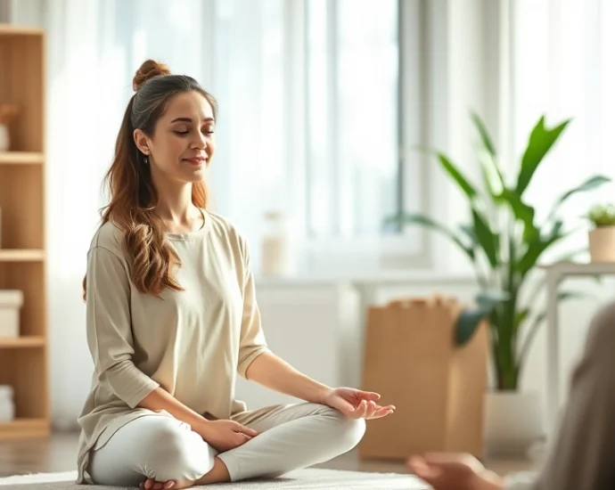 Occupational therapist in calm, meditative state during therapy session with client, serene clinical environment with natural light, both figures showing peaceful presence and genuine connection