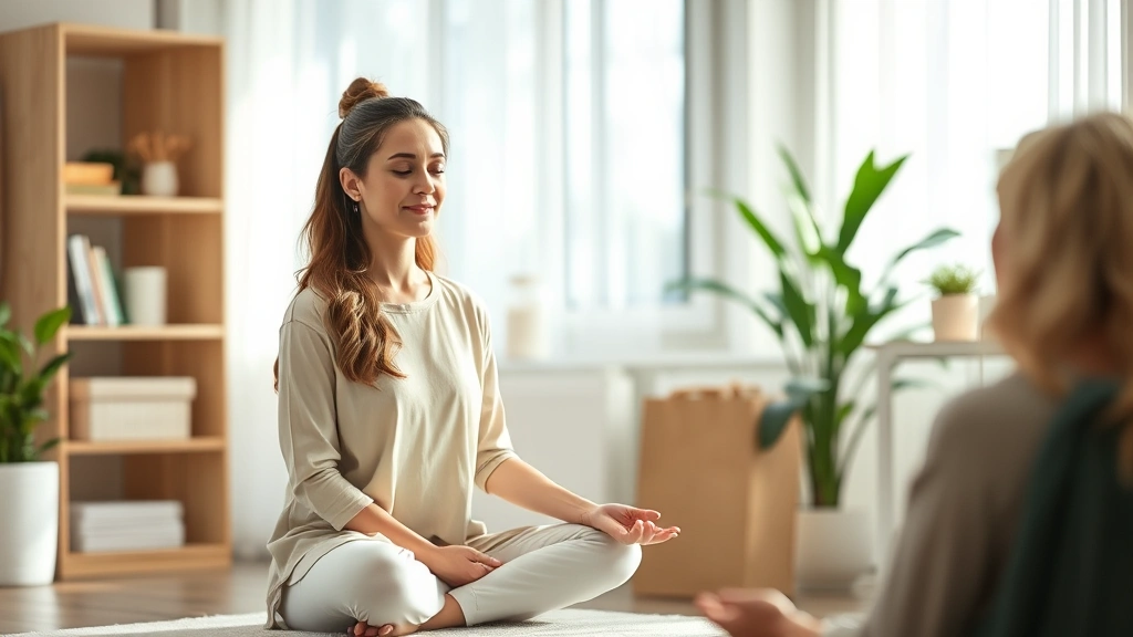 Occupational therapist in calm, meditative state during therapy session with client, serene clinical environment with natural light, both figures showing peaceful presence and genuine connection