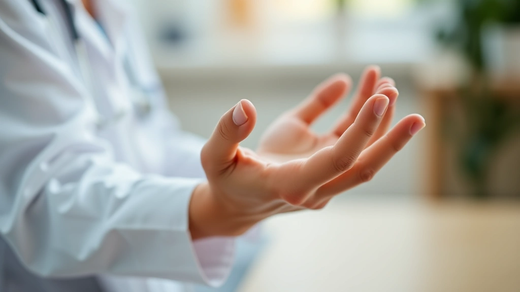 Close-up of hands during mindful meditation practice in professional healthcare setting, soft focused lighting emphasizing calmness and intentional awareness during clinical work