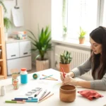 Person in occupational therapy session engaging in creative art activity with therapist in bright, calming clinical setting with natural light, plants, and organized materials