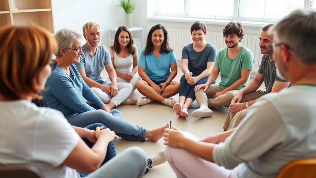 Diverse group of people in therapeutic group activity sitting in circle participating in occupational engagement exercise, showing positive interaction and focused concentration