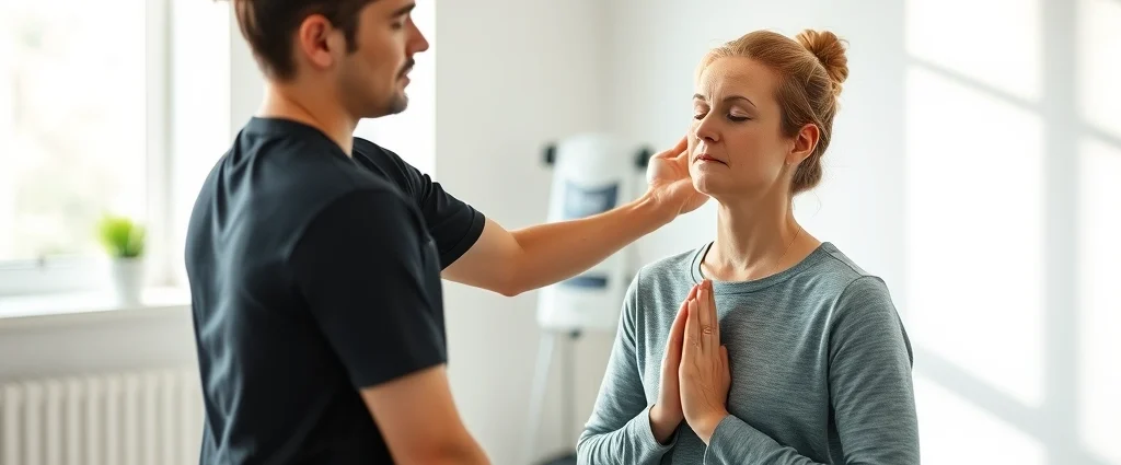 A physical therapist guiding a patient through breathing exercises in a modern clinical setting with soft natural lighting, both figures demonstrating calm focus and mindfulness practice