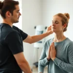 A physical therapist guiding a patient through breathing exercises in a modern clinical setting with soft natural lighting, both figures demonstrating calm focus and mindfulness practice
