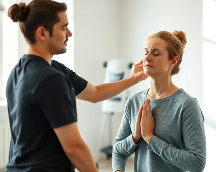 A physical therapist guiding a patient through breathing exercises in a modern clinical setting with soft natural lighting, both figures demonstrating calm focus and mindfulness practice