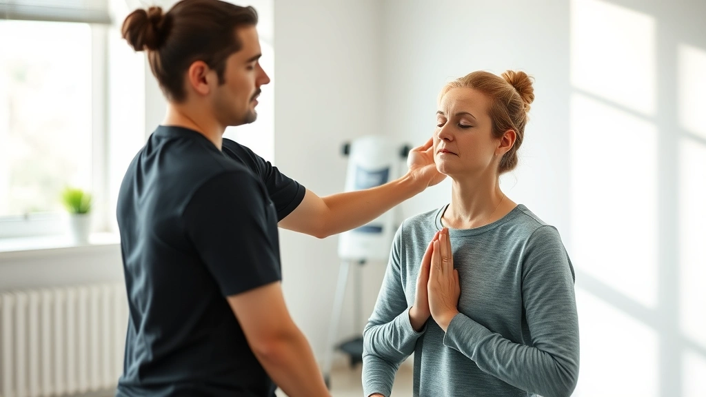 A physical therapist guiding a patient through breathing exercises in a modern clinical setting with soft natural lighting, both figures demonstrating calm focus and mindfulness practice