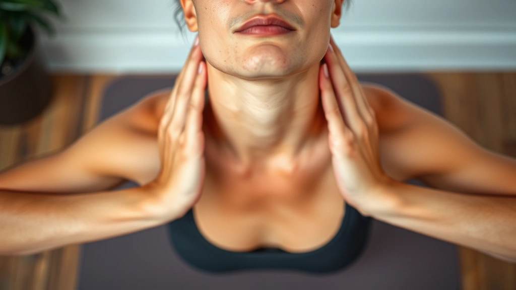 Close-up of a person performing progressive muscle relaxation exercises on a yoga mat, hands positioned on shoulders with serene expression showing body awareness and tension release