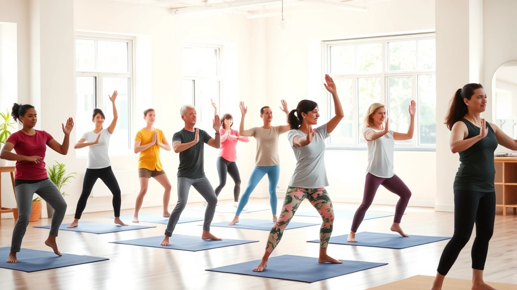 A diverse group participating in gentle yoga or tai chi movements in a bright studio space, demonstrating movement-based anxiety reduction with peaceful body language and focused attention
