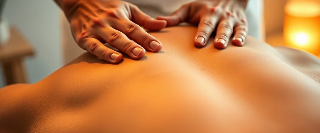 Close-up of hands performing therapeutic massage technique on human back muscles, demonstrating proper finger positioning and pressure application, warm lighting, professional spa environment, photorealistic