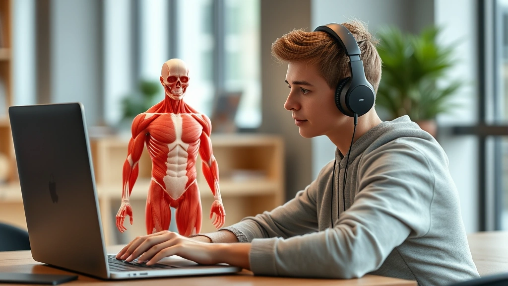 Student wearing headphones at laptop computer studying 3D anatomical model of human muscular system with detailed muscle groups highlighted, modern educational setup, natural daylight, photorealistic
