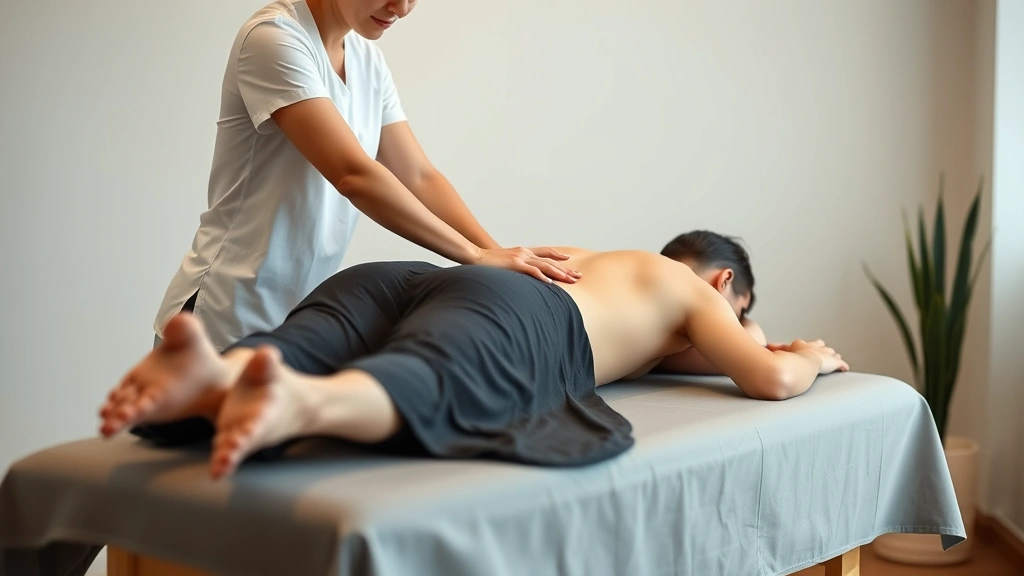 Massage therapist working with client on professional massage table in clinical wellness setting, demonstrating hands-on therapy technique, neutral background, professional healthcare environment, photorealistic