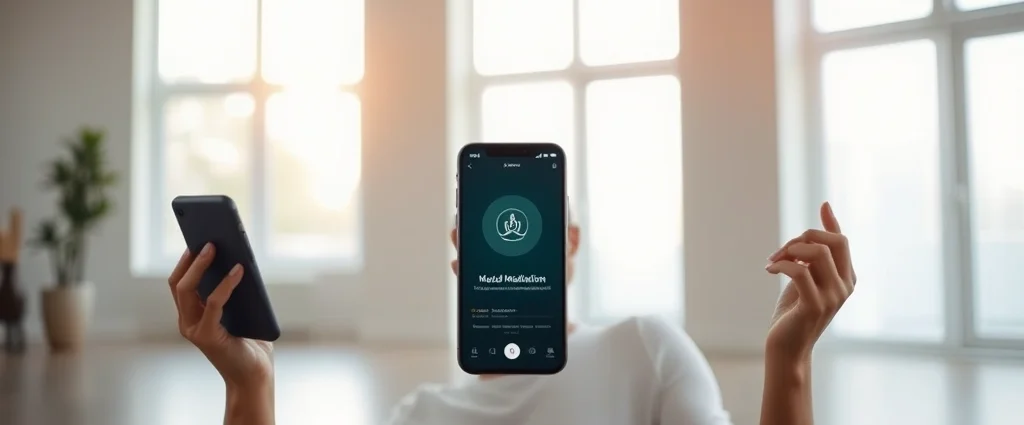 A serene person meditating in a modern minimalist room with soft natural light streaming through large windows, holding a smartphone displaying a meditation app interface, peaceful expression, professional photography