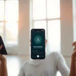 A serene person meditating in a modern minimalist room with soft natural light streaming through large windows, holding a smartphone displaying a meditation app interface, peaceful expression, professional photography