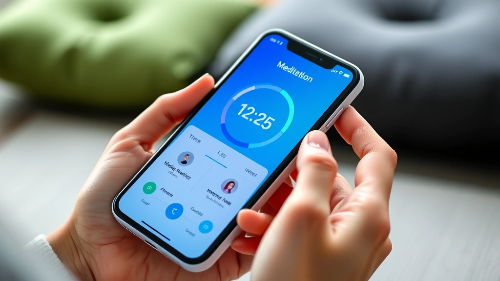 Close-up of hands holding a smartphone showing a mindfulness app with meditation timer and progress tracking visualizations, calm blue and green interface colors, soft focus background with meditation cushion