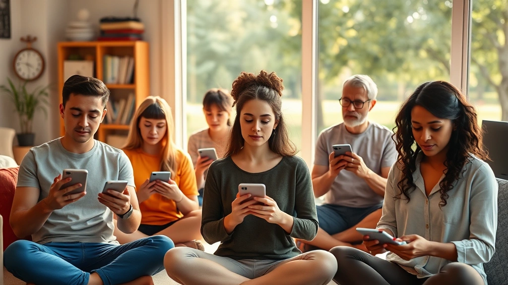 A diverse group of people in different settings—home, park, office—each using mindfulness apps on their devices, showing various meditation poses, warm natural lighting, candid lifestyle photography