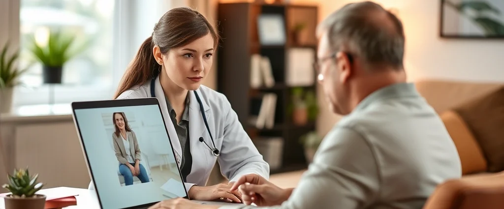 Professional therapist conducting virtual video therapy session with patient on laptop, modern home office background, warm lighting, diverse representation, focused and calm demeanor