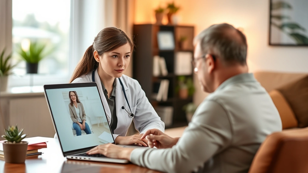 Professional therapist conducting virtual video therapy session with patient on laptop, modern home office background, warm lighting, diverse representation, focused and calm demeanor