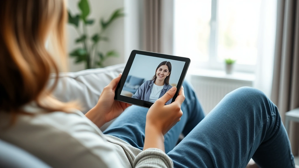 Person sitting comfortably at home on couch using tablet for telehealth appointment with therapist visible on screen, natural window light, peaceful home environment, modern technology interface visible