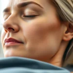 Close-up of a patient's face during focused therapeutic exercise, eyes closed in concentration, showing peaceful mindfulness during rehabilitation movement, professional clinical setting with soft natural lighting