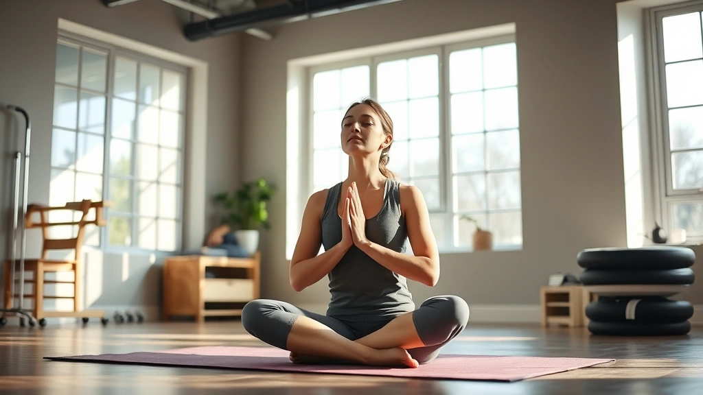 A patient sitting cross-legged during a physical therapy session with eyes closed, practicing mindful breathing while a therapist gently guides their posture, soft natural lighting through large windows, serene clinical environment