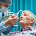 Healthcare professional adjusting nasal cannula oxygen delivery on elderly patient in medical clinic, realistic hospital setting with medical equipment visible