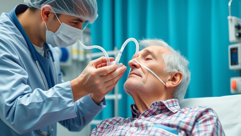 Healthcare professional adjusting nasal cannula oxygen delivery on elderly patient in medical clinic, realistic hospital setting with medical equipment visible